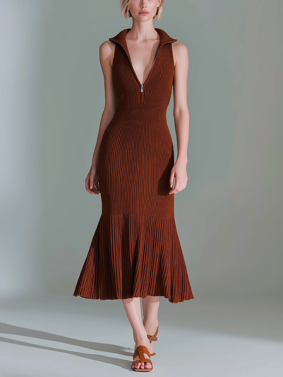 Chic Elegant Dark Red Deep V-Neck Sleeveless Pleated Hem Patchwork Detail Slim-Fit Ribbed Knit Midi Dress