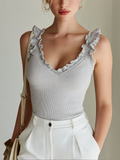 Chic Elegant Grey Deep V-Neck Ruffle Trim Detail Slim-Fit Soft Ribbed Knit Camisole