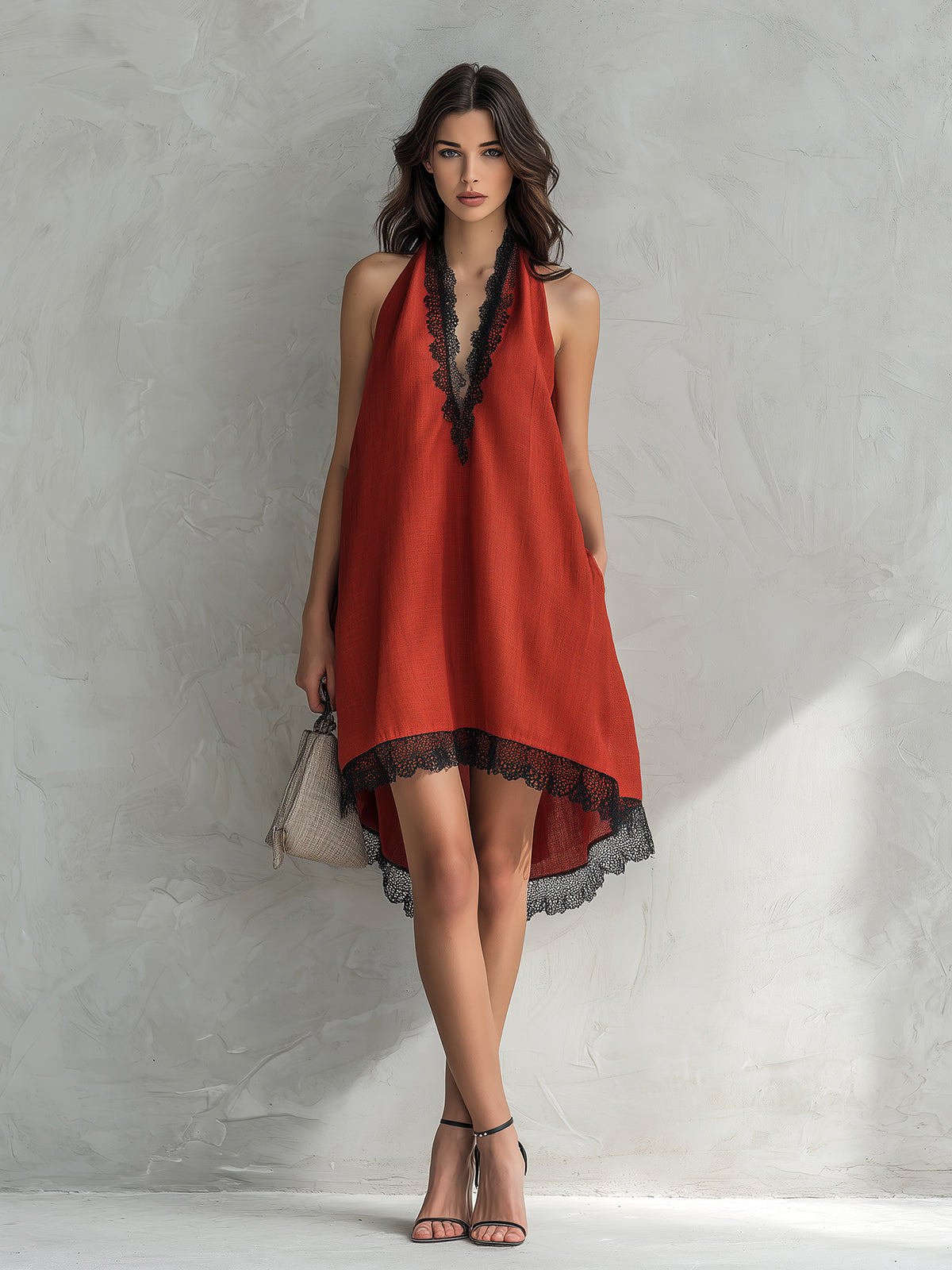 Chic Elegant Red Halter V-Neck Sleeveless Lace Trim Detail Loose-Fit A-Line Asymmetrical Hem Midi Dress