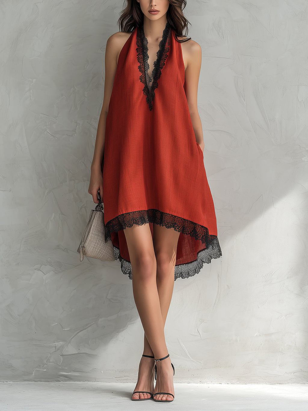 Chic Elegant Red Halter V-Neck Sleeveless Lace Trim Detail Loose-Fit A-Line Asymmetrical Hem Midi Dress