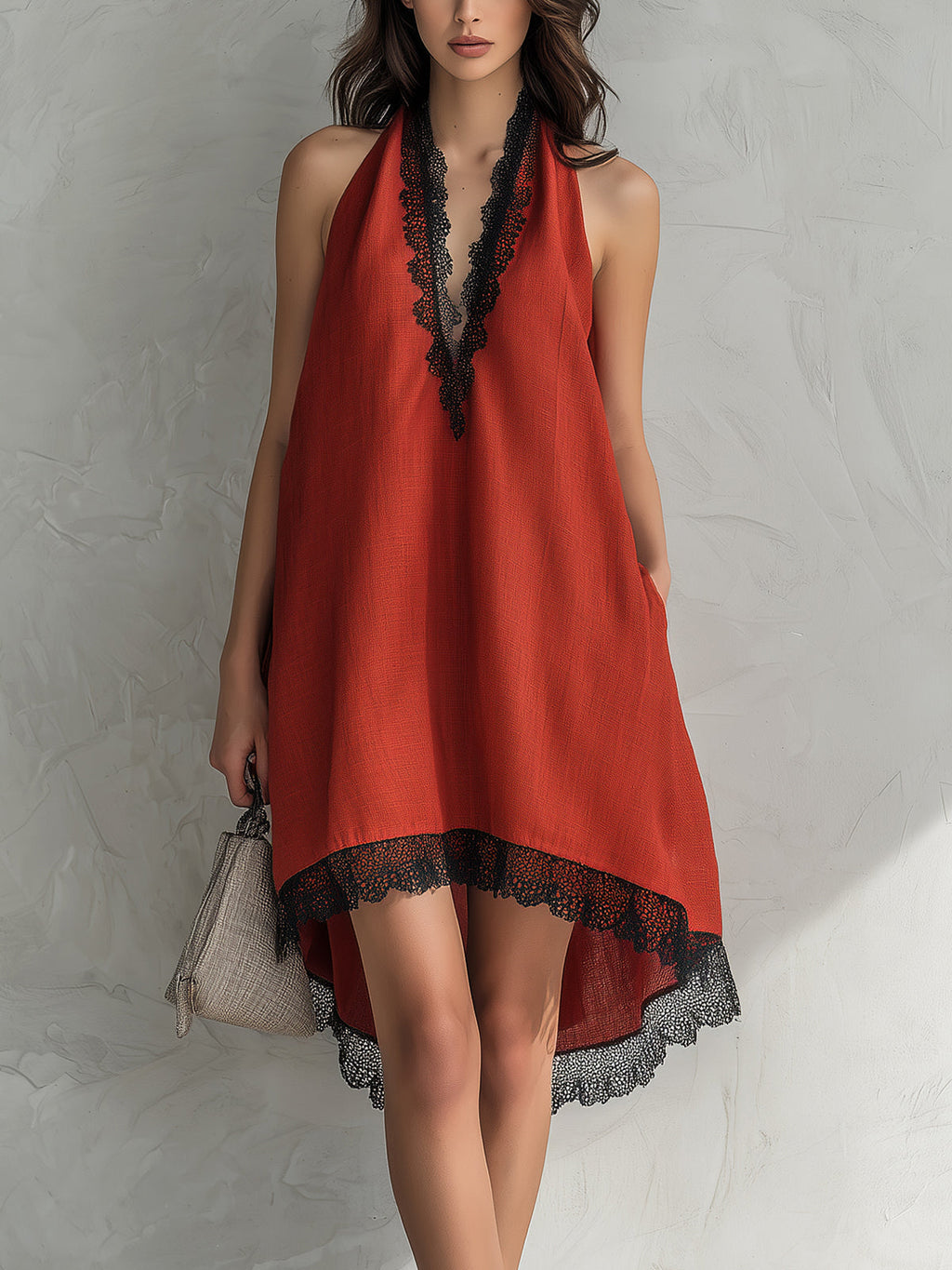 Chic Elegant Red Halter V-Neck Sleeveless Lace Trim Detail Loose-Fit A-Line Asymmetrical Hem Midi Dress