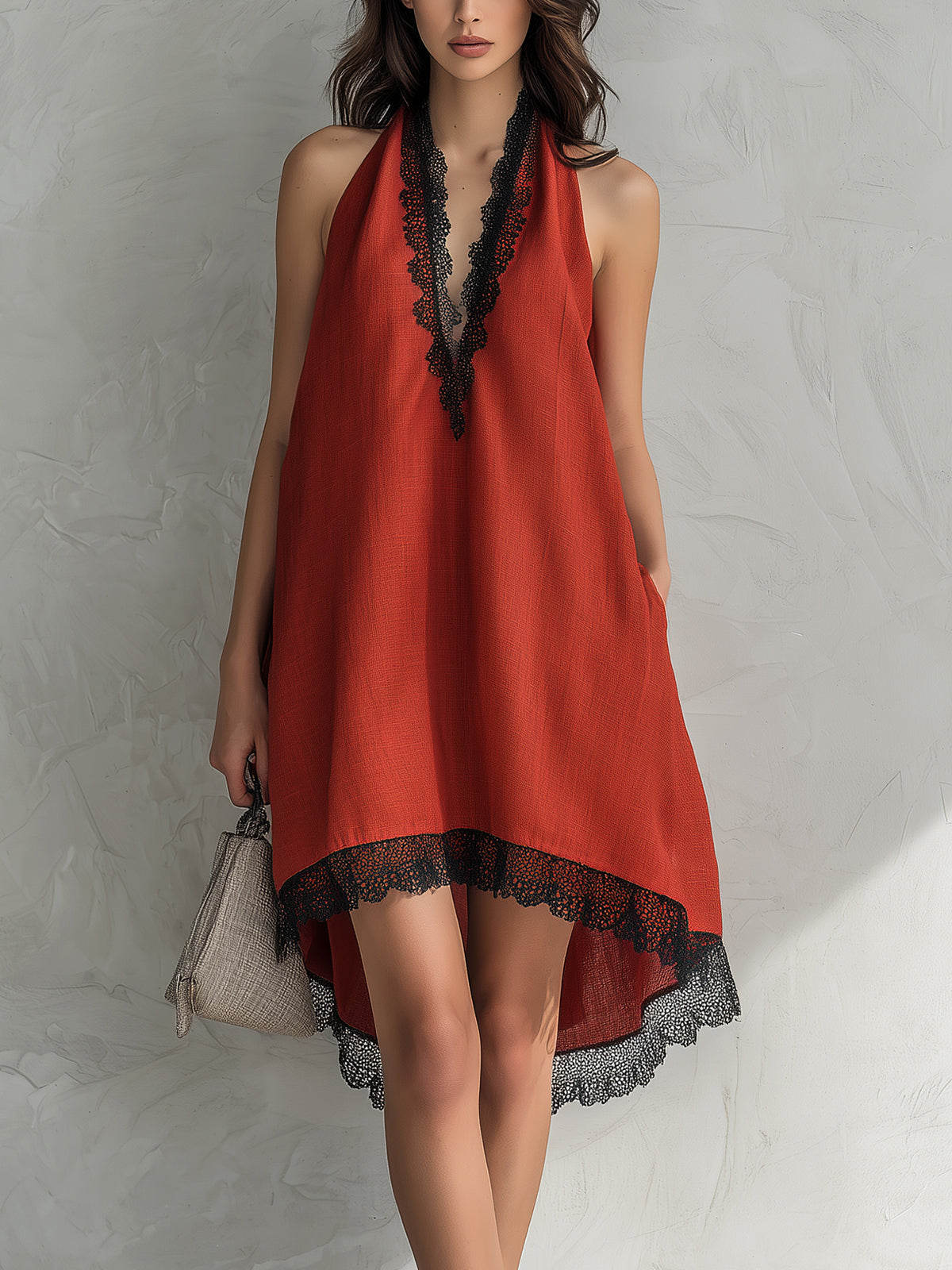 Chic Elegant Red Halter V-Neck Sleeveless Lace Trim Detail Loose-Fit A-Line Asymmetrical Hem Midi Dress