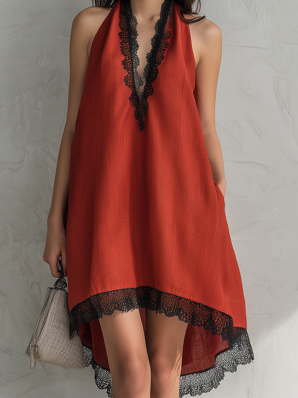 Chic Elegant Red Halter V-Neck Sleeveless Lace Trim Detail Loose-Fit A-Line Asymmetrical Hem Midi Dress