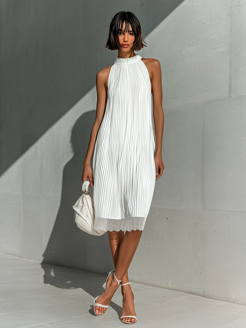Chic Elegant White Round-Neck Sleeveless Lace Hem Detail Loose-Fit A-Line Pleated Chiffon Midi Dress