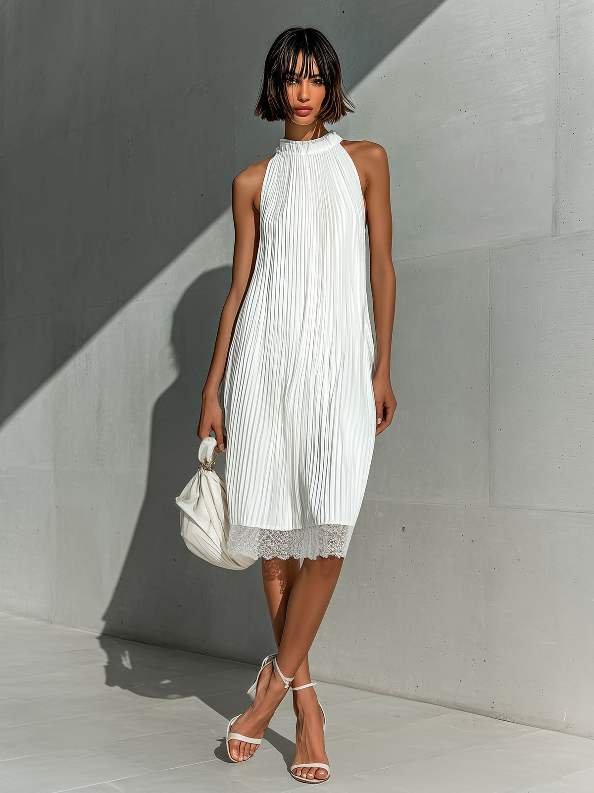Chic Elegant White Round-Neck Sleeveless Lace Hem Detail Loose-Fit A-Line Pleated Chiffon Midi Dress