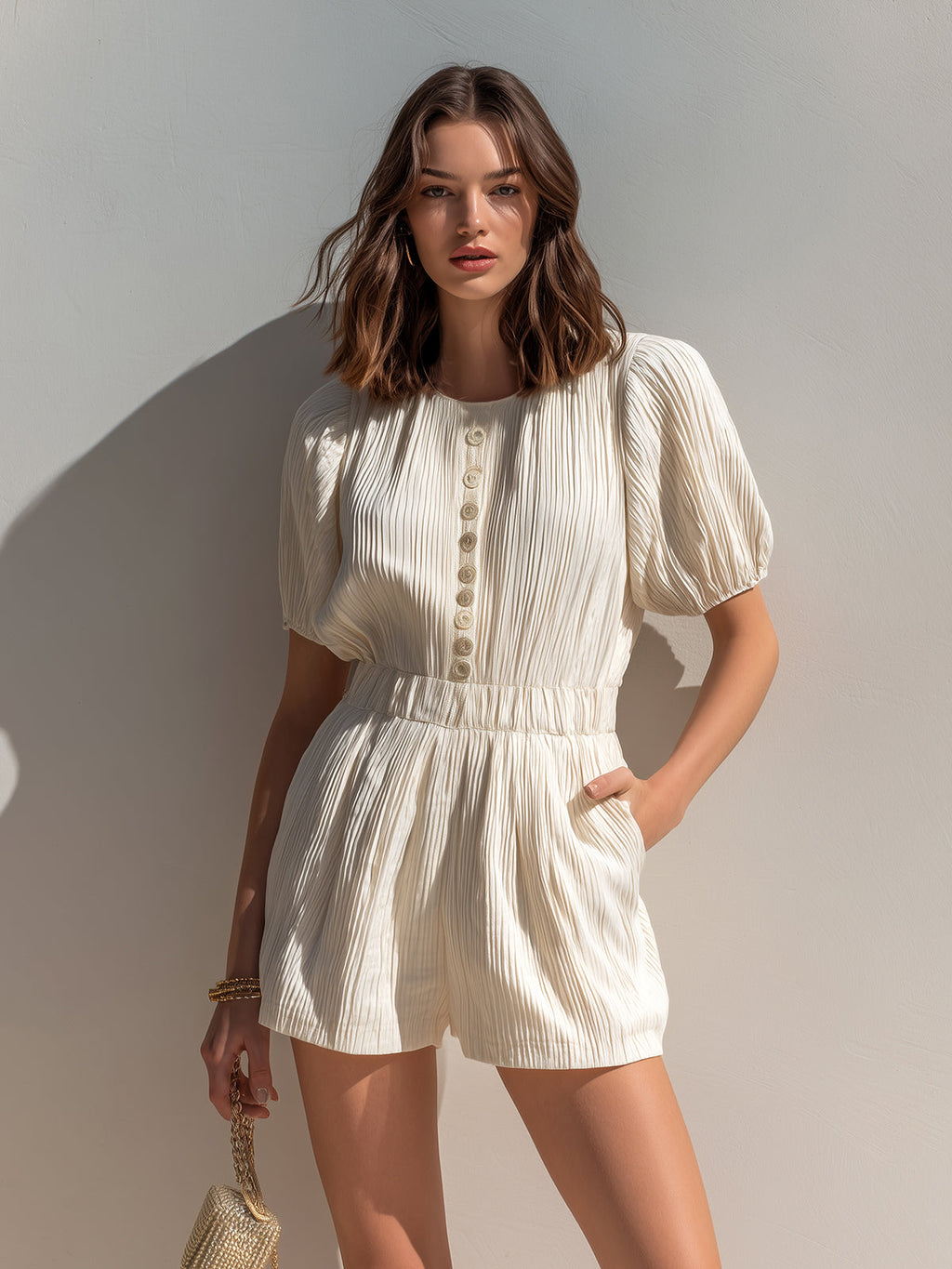 Chic Elegant Cream White Pleated Cotton Blend Round-Neck Short-Sleeve Button-Front Loose-Fit Romper