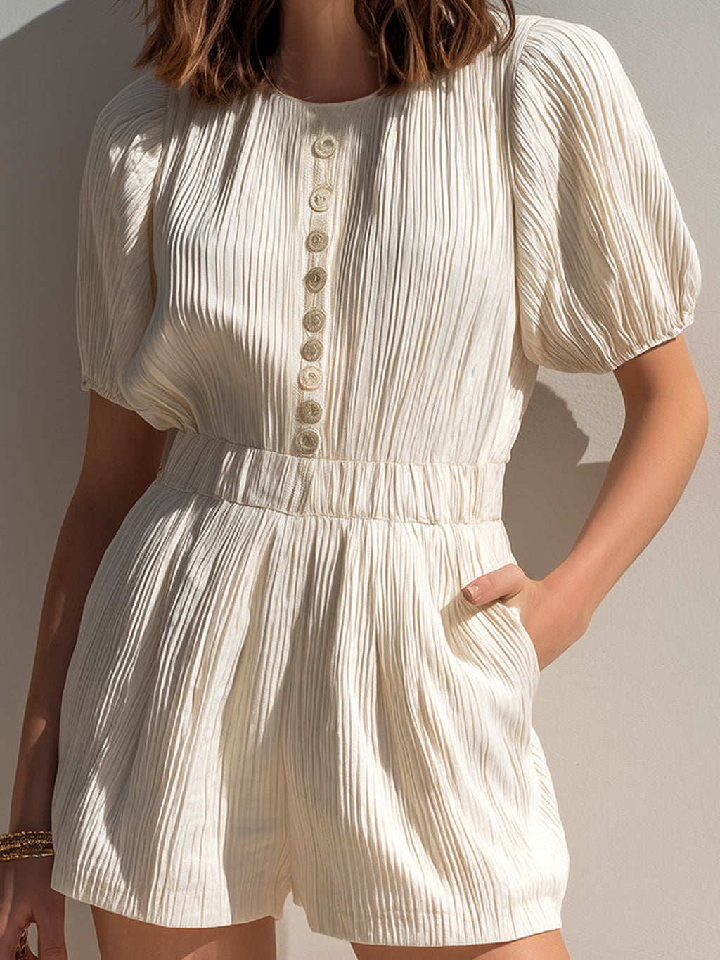 Chic Elegant Cream White Pleated Cotton Blend Round-Neck Short-Sleeve Button-Front Loose-Fit Romper