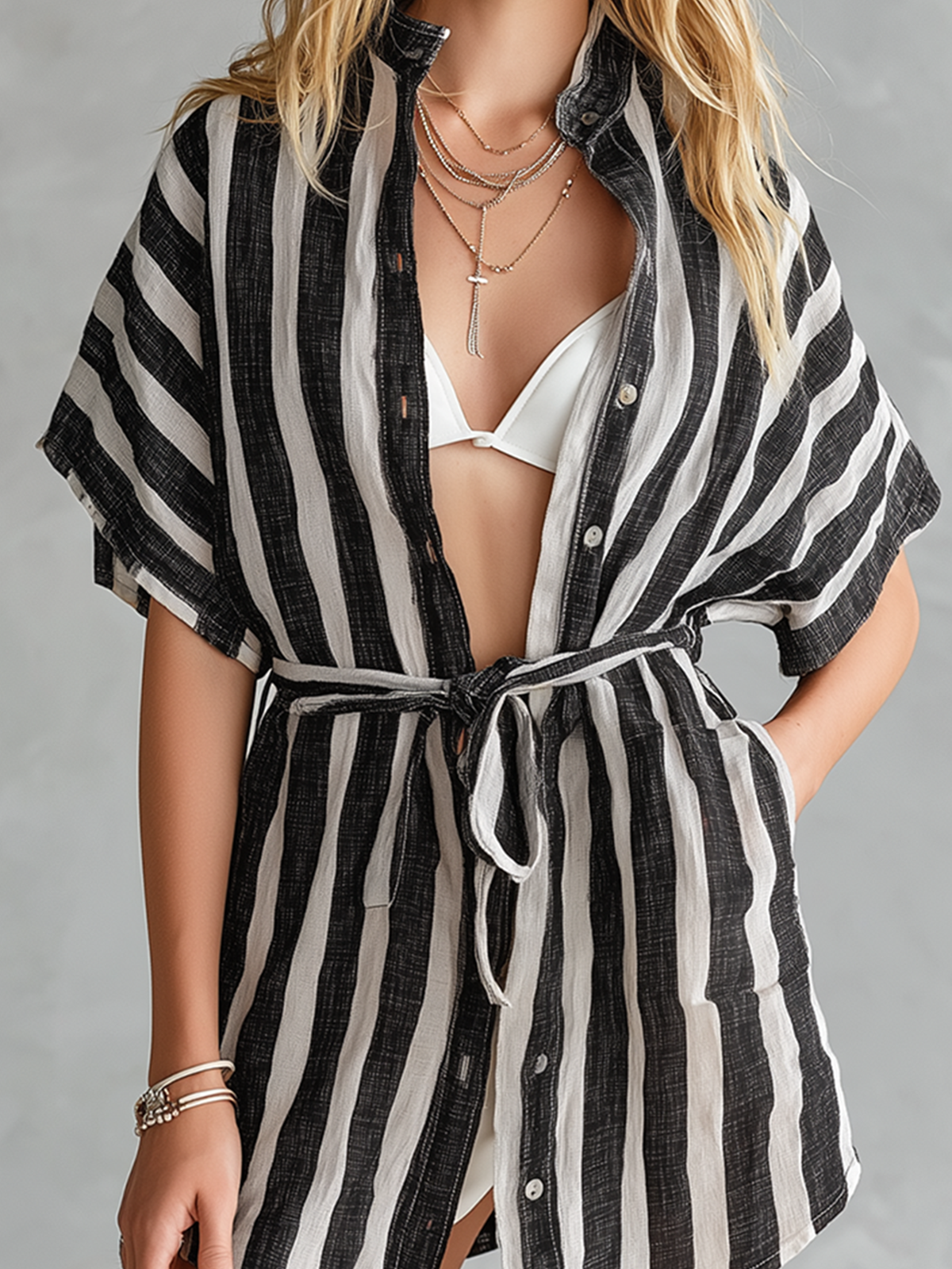 Chic Casual White-Black Stripes Stand-Collar Single-Breasted Batwing Sleeve Tie-Waist Loose-Fit Cotton-Linen Blend Mini Dress