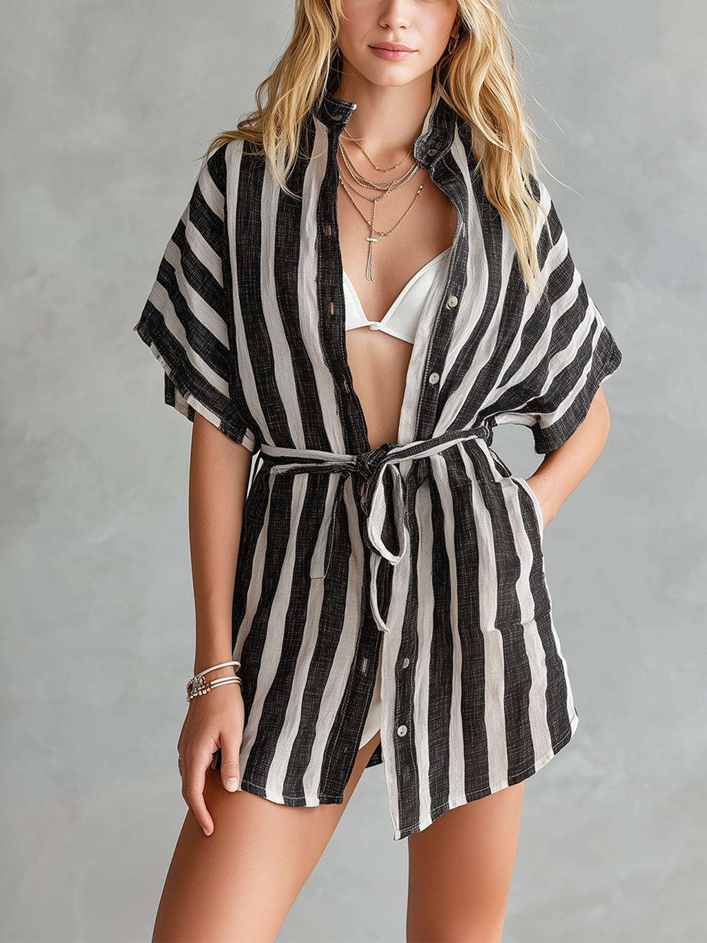 Chic Casual White-Black Stripes Stand-Collar Single-Breasted Batwing Sleeve Tie-Waist Loose-Fit Cotton-Linen Blend Mini Dress