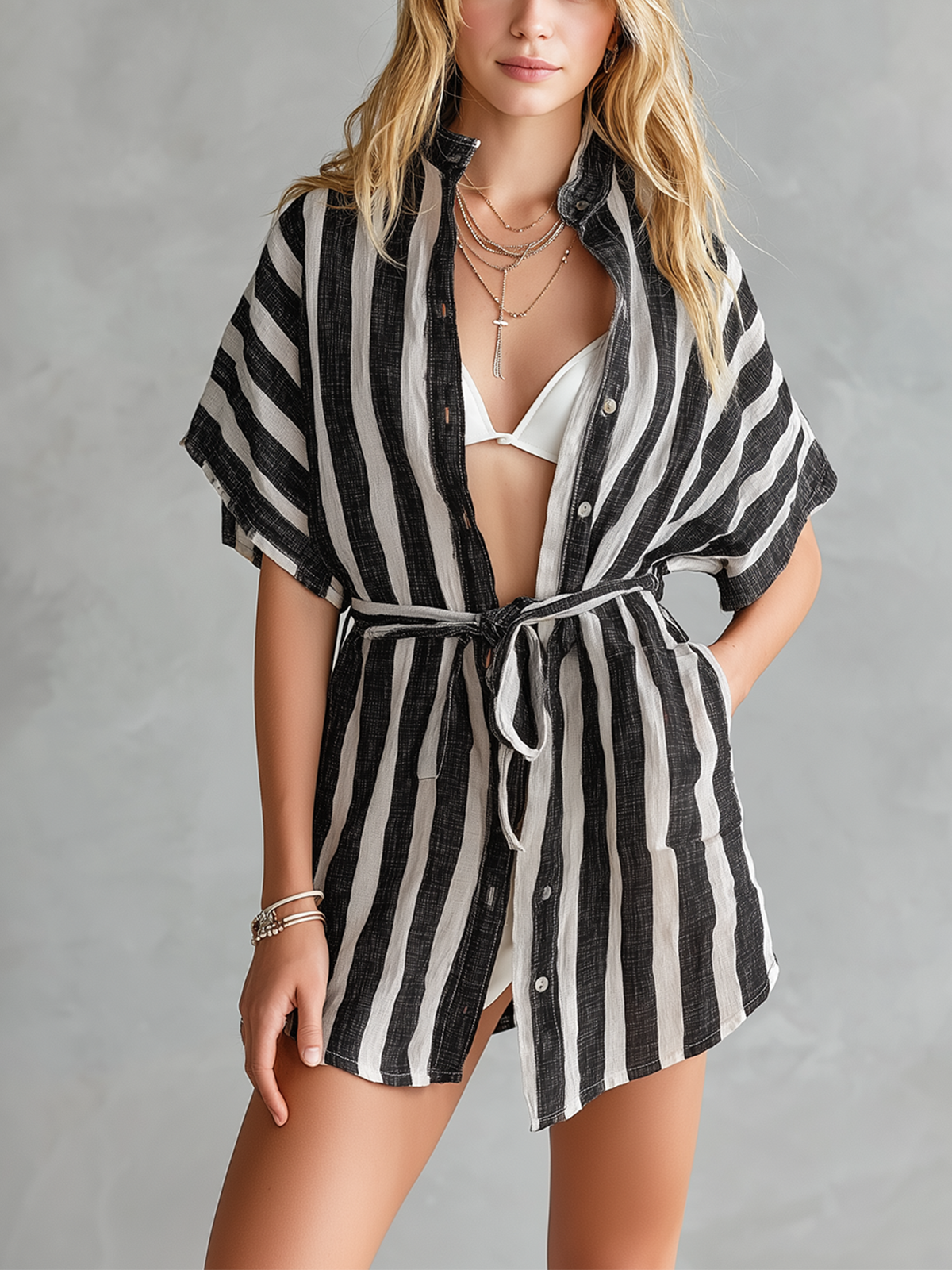 Chic Casual White-Black Stripes Stand-Collar Single-Breasted Batwing Sleeve Tie-Waist Loose-Fit Cotton-Linen Blend Mini Dress
