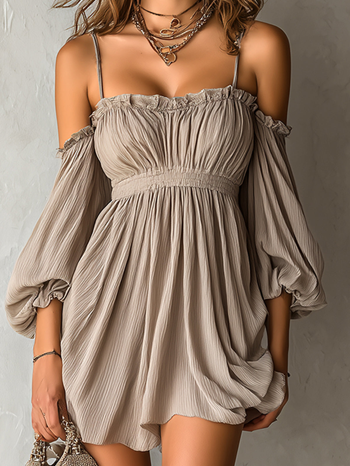 Chic Elegant Gray Chiffon Strappy Off-The-Shoulder Lantern-Sleeve Ruffle Detail Elastic-Waist Mini Dress