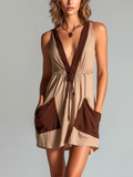 Chic Casual Beige-BrownColorblock V-Neck Sleeveless Patch Pocket Tie-Waist Loose-Fit Cotton-Linen Blend Mini Dress