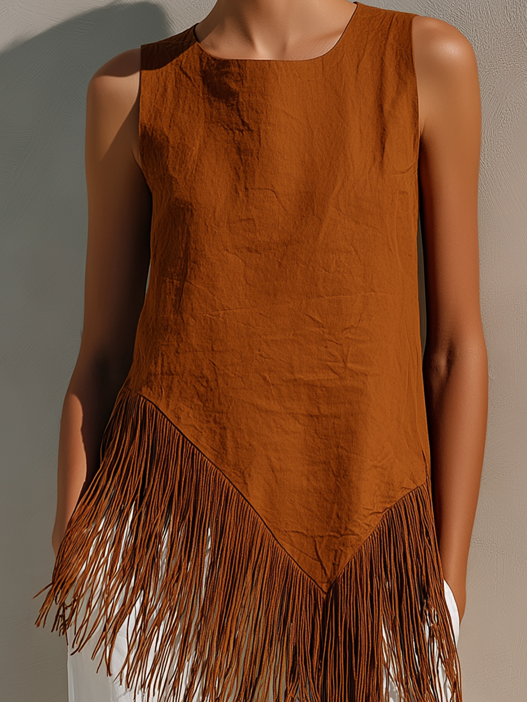 Chic Elegant Caramel Brown Round-Neck Sleeveless Irregular Tassel Trim Detail Loose-Fit Cotton Blend Vest