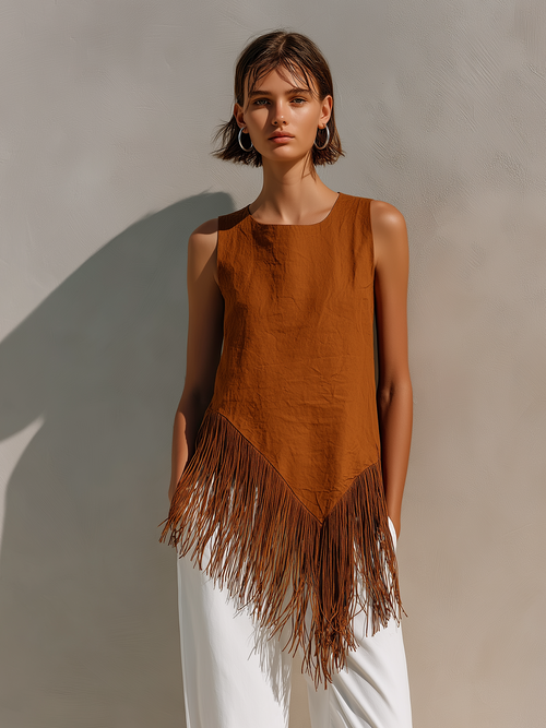 Chic Elegant Caramel Brown Round-Neck Sleeveless Irregular Tassel Trim Detail Loose-Fit Cotton Blend Vest