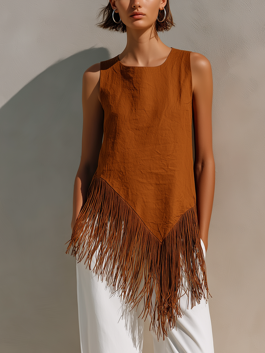 Chic Elegant Caramel Brown Round-Neck Sleeveless Irregular Tassel Trim Detail Loose-Fit Cotton Blend Vest