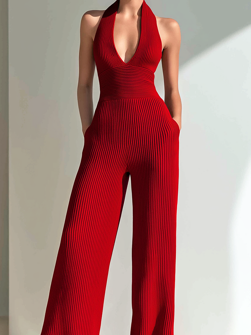 Chic Elegant Red Halter V-Neck Sleeveless Elastic-Waist Slim-Fit Rib Knit Jumpsuit