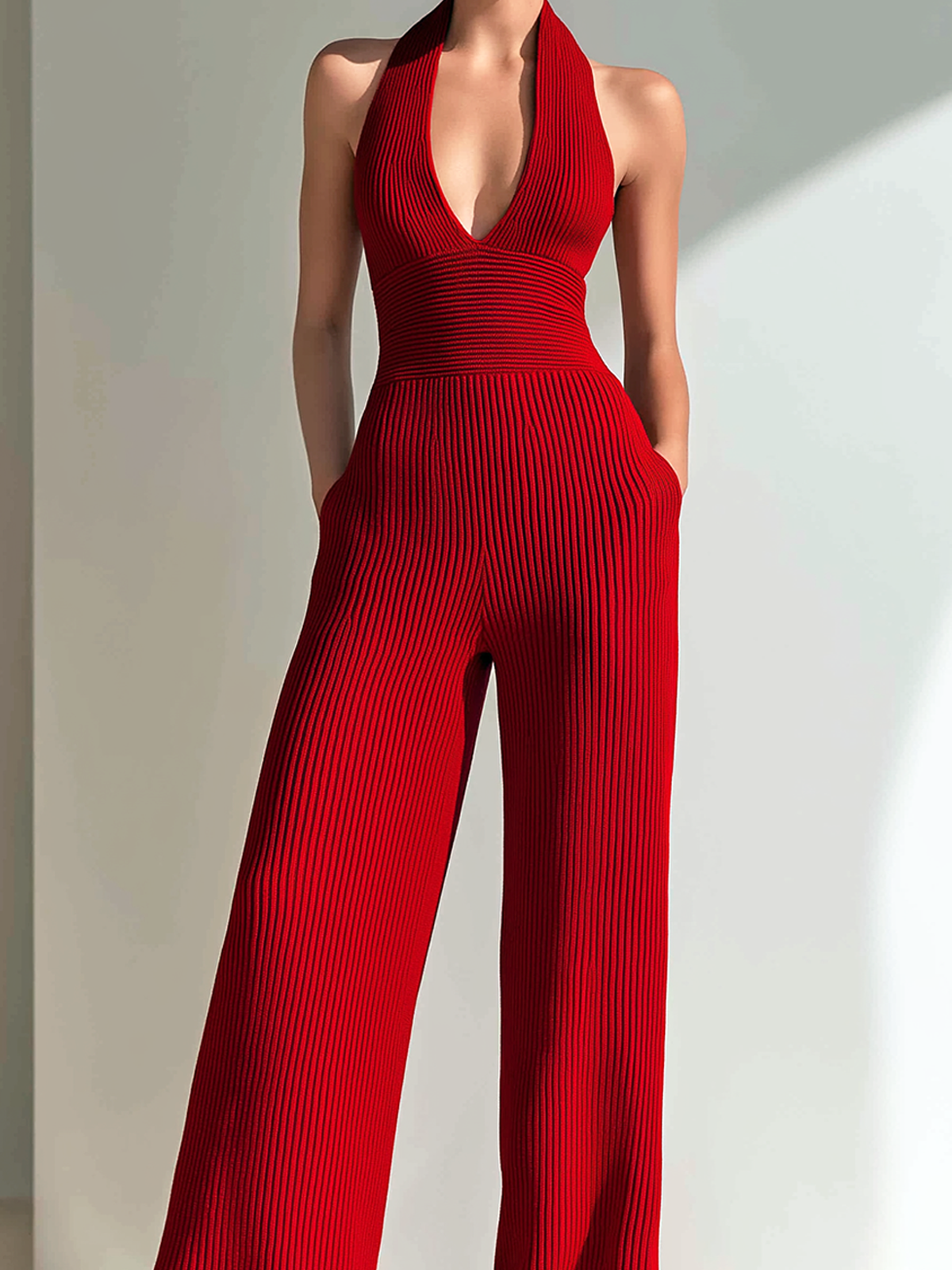 Chic Elegant Red Halter V-Neck Sleeveless Elastic-Waist Slim-Fit Rib Knit Jumpsuit