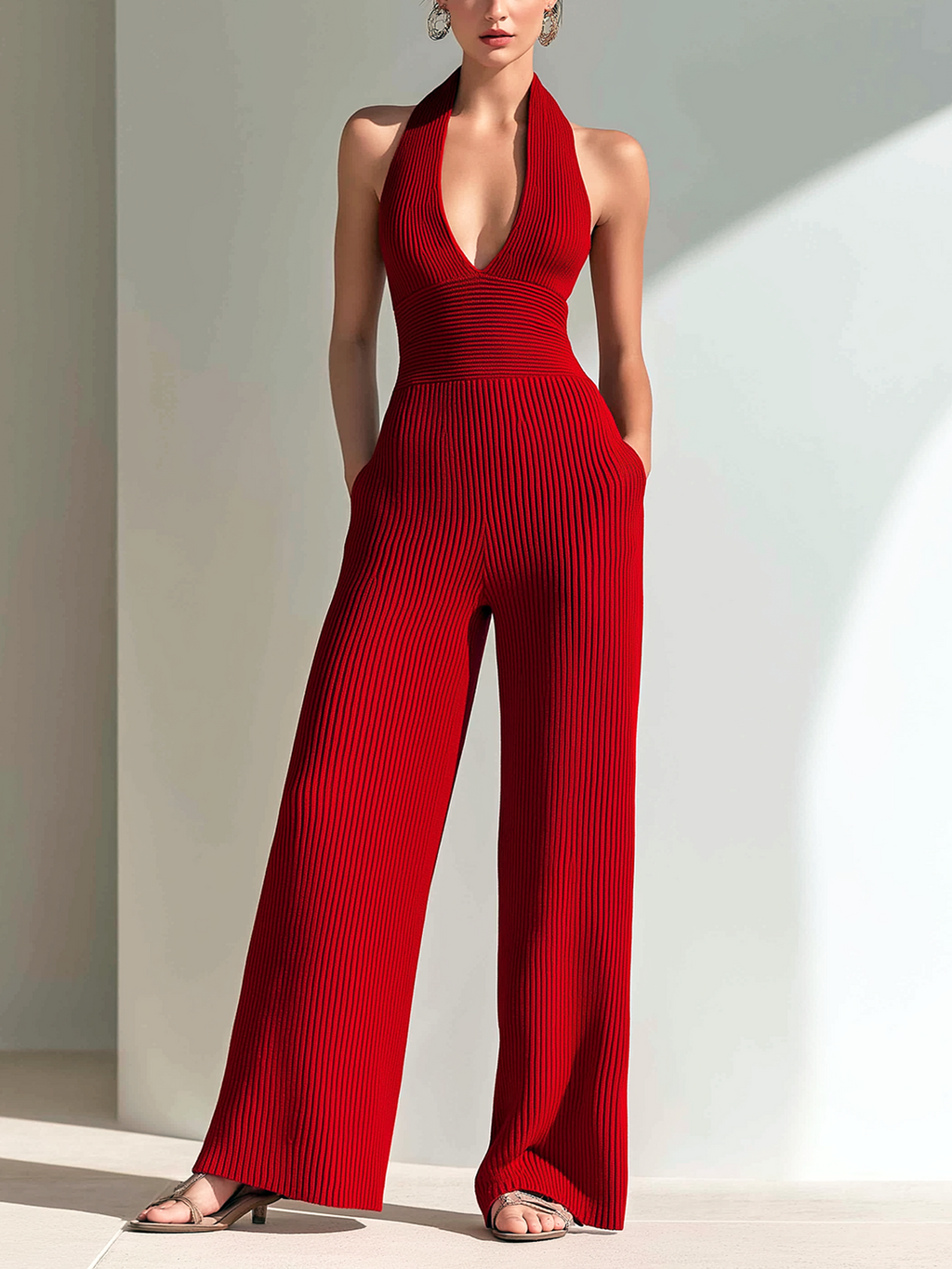 Chic Elegant Red Halter V-Neck Sleeveless Elastic-Waist Slim-Fit Rib Knit Jumpsuit