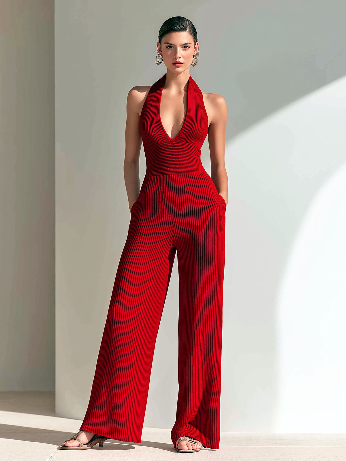 Chic Elegant Red Halter V-Neck Sleeveless Elastic-Waist Slim-Fit Rib Knit Jumpsuit