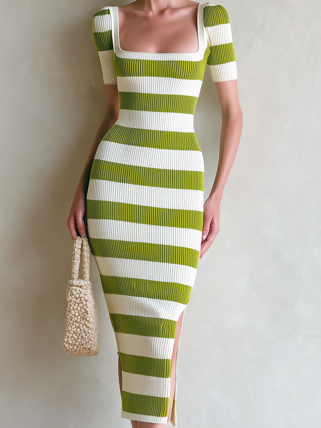 Chic Elegant Green-White Striped Square Collar Button-Up Short-Sleeve Side Slit Slim Fit Ribbed Knit Midi Dress