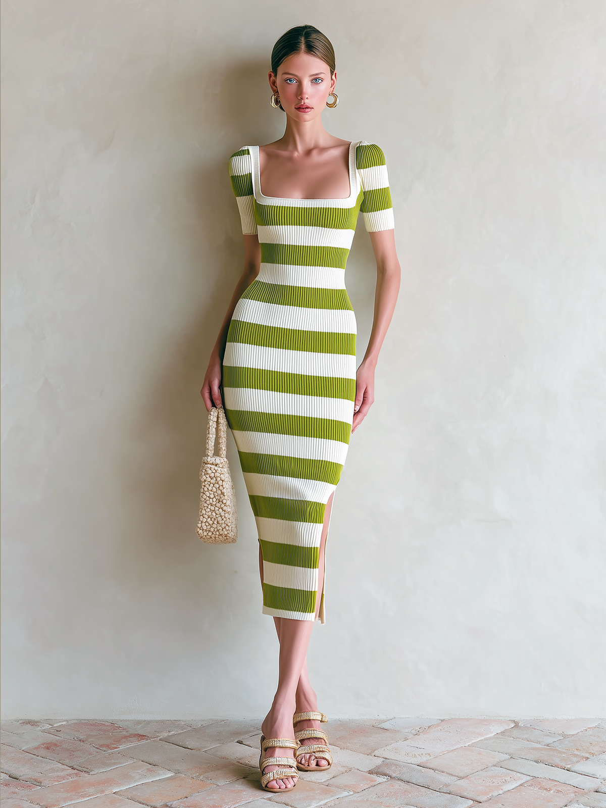 Chic Elegant Green-White Striped Square Collar Button-Up Short-Sleeve Side Slit Slim Fit Ribbed Knit Midi Dress