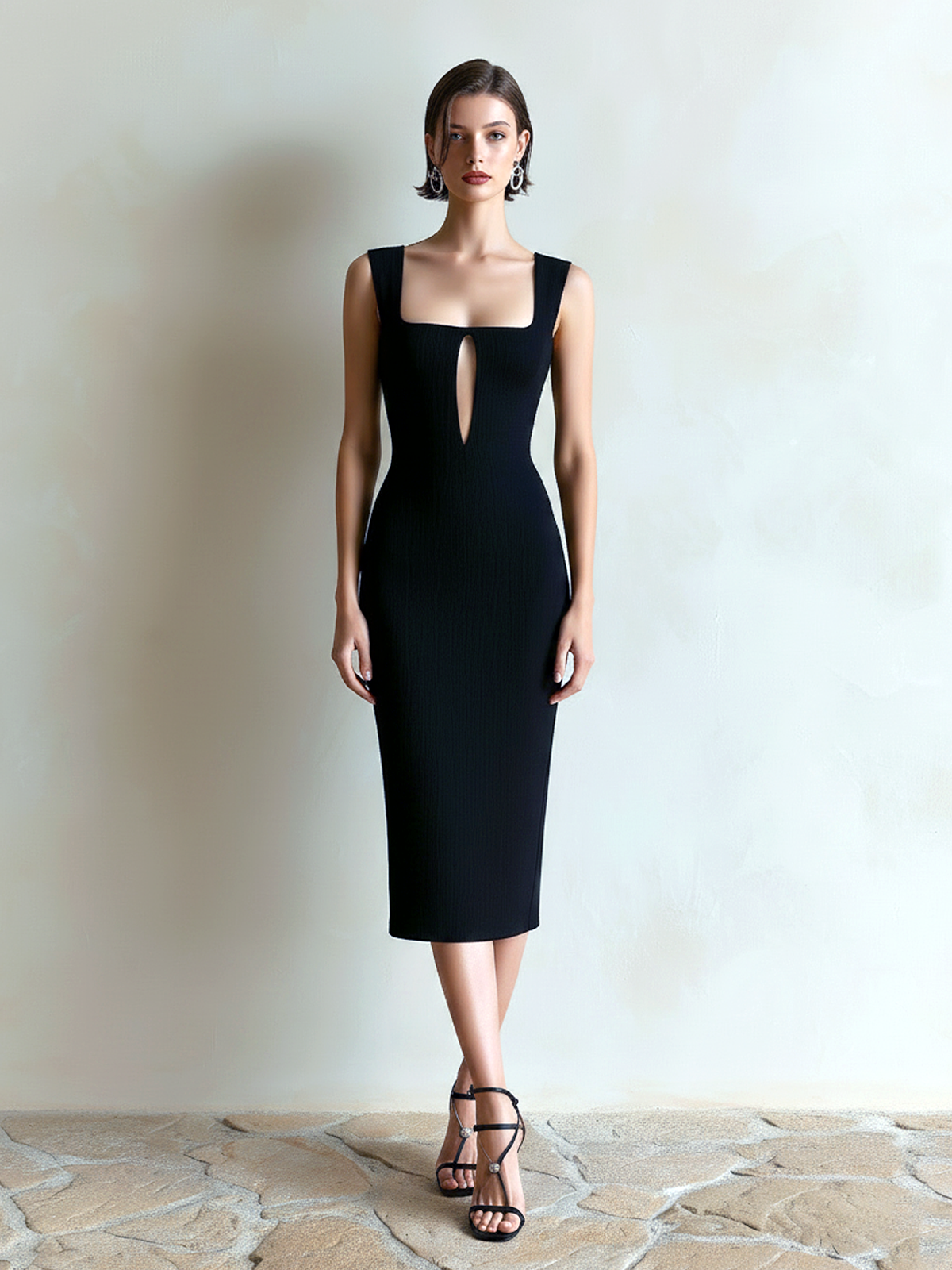 Chic Elegant Black Square-Neck Sleeveless Cutout Detail Slim-Fit Bodycon Knit Midi Dress