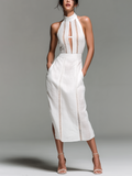 Chic Elegant White Halter Neck Openwork Lace Panel Sleeveless Slim-Fit Side-Slit Cotton-Linen Blend Midi Dress
