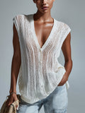 Chic Casual Cream White V-Neck Sleeveless Single-Breasted Loose-Fit Mesh Knit Vest Top