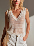 Chic Elegant Cream White V-Neck Sleeveless Hollow-Out Striped Slim-Fit Mesh Knit Tank Top