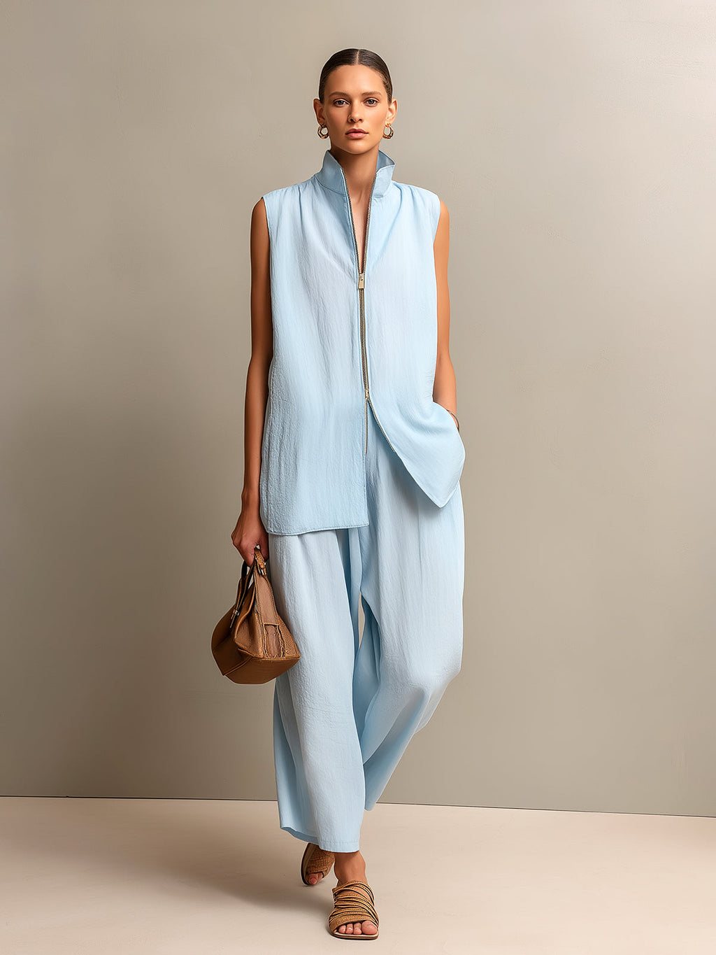 Chic Elegant Blue Cotton-Blend Zipper-Front Stand Collar Vest Wide-Leg Cropped Pants Loose-Fit Two-Piece Set