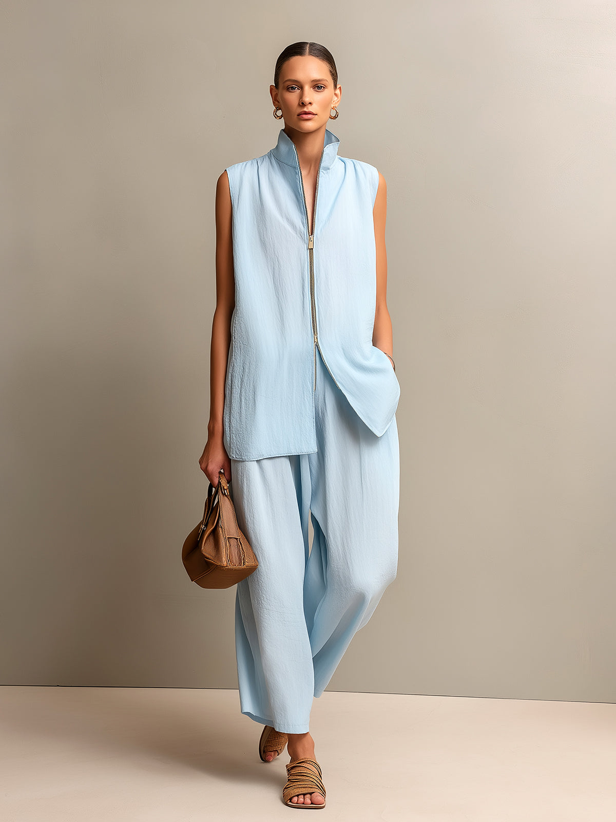 Chic Elegant Blue Cotton-Blend Zipper-Front Stand Collar Vest Wide-Leg Cropped Pants Loose-Fit Two-Piece Set