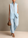 Chic Elegant Blue Cotton-Blend Zipper-Front Stand Collar Vest Wide-Leg Cropped Pants Loose-Fit Two-Piece Set