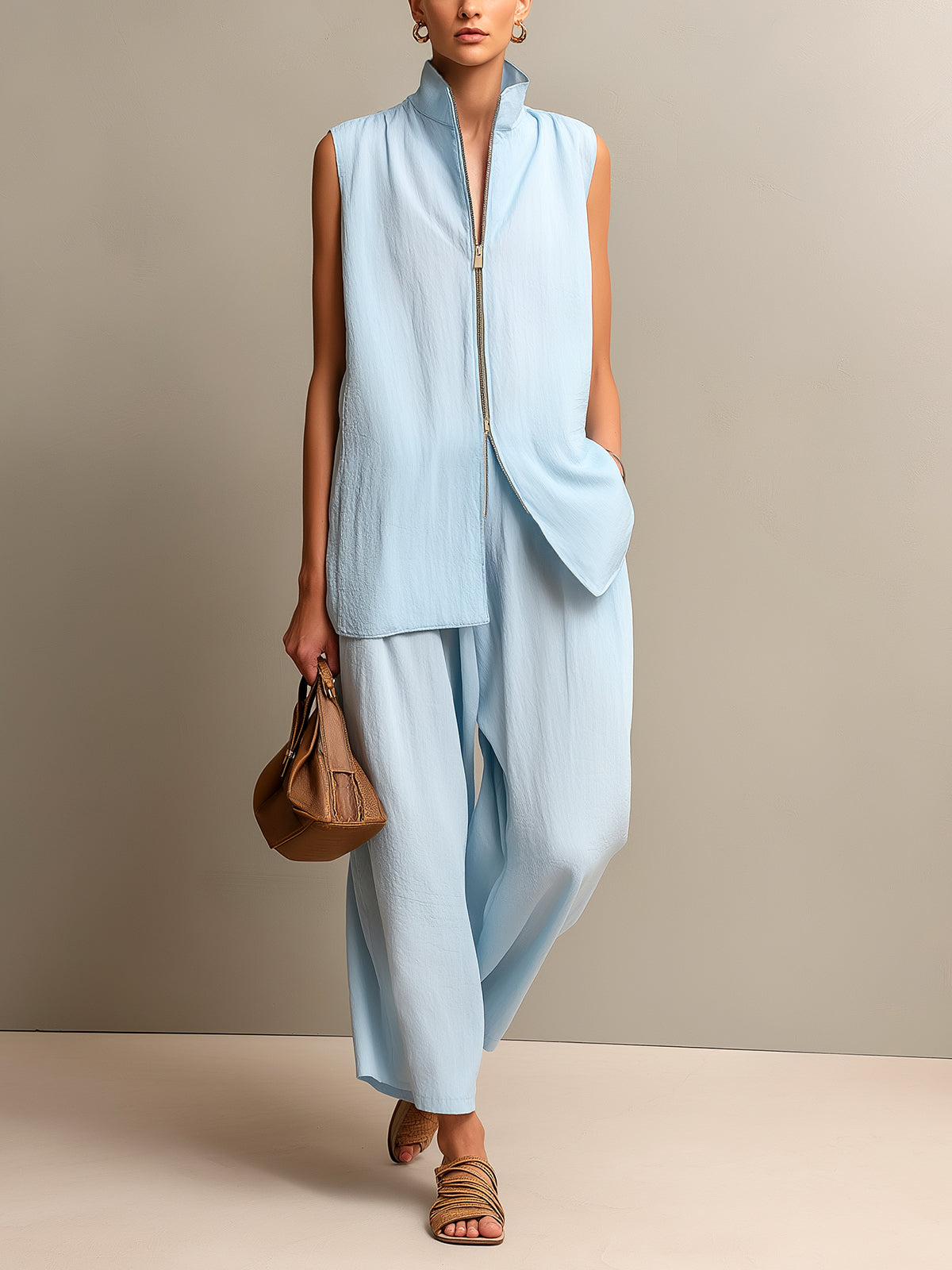 Chic Elegant Blue Cotton-Blend Zipper-Front Stand Collar Vest Wide-Leg Cropped Pants Loose-Fit Two-Piece Set