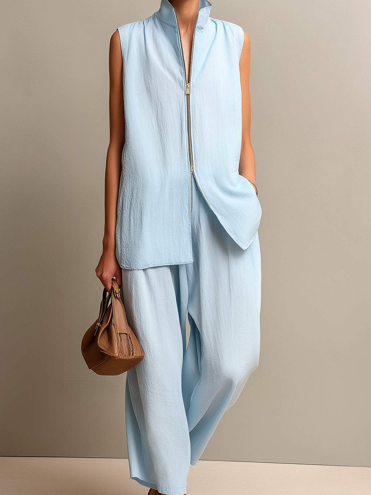 Chic Elegant Blue Cotton-Blend Zipper-Front Stand Collar Vest Wide-Leg Cropped Pants Loose-Fit Two-Piece Set