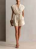 Chic Casual Beige Linen Blend Cross-Front V-Neck Short-Sleeve Tie-Waist Loose-Fit Romper