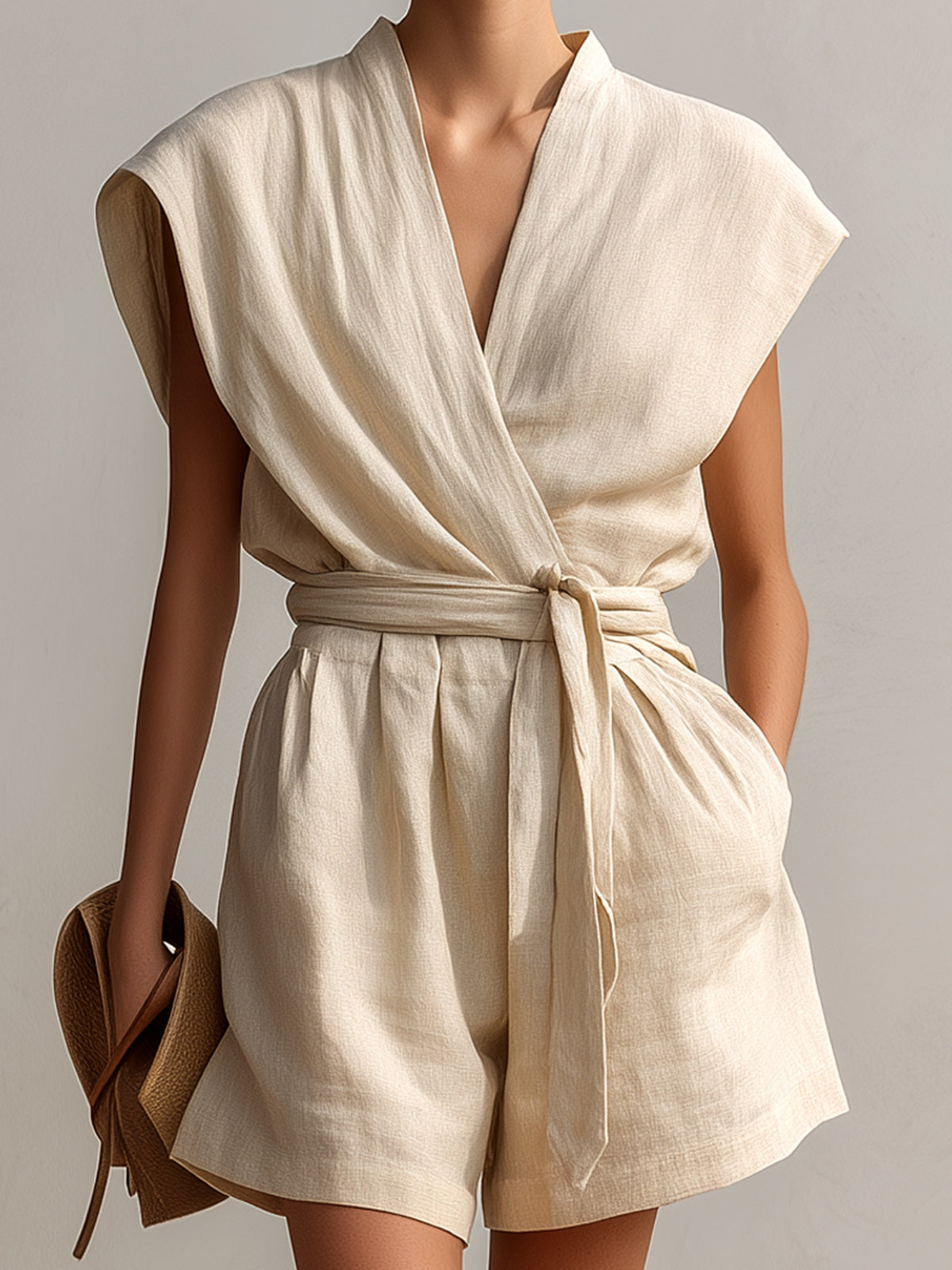 Chic Casual Beige Linen Blend Cross-Front V-Neck Short-Sleeve Tie-Waist Loose-Fit Romper