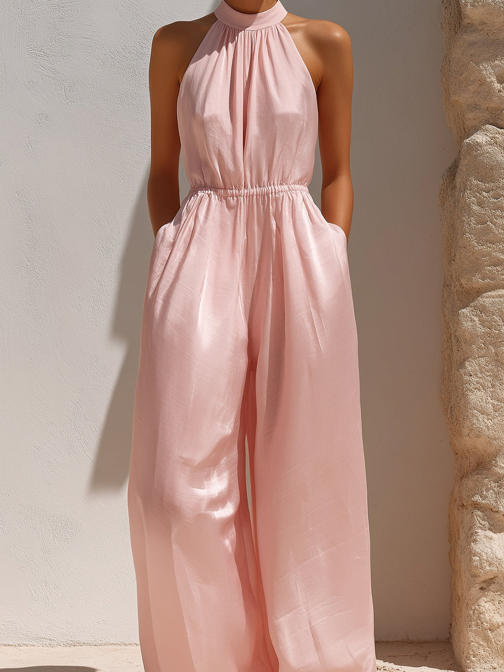 Chic Elegant Pink Chiffon Halter-Neck Sleeveless Elastic-Waist Loose-Fit Wide-Leg Jumpsuit