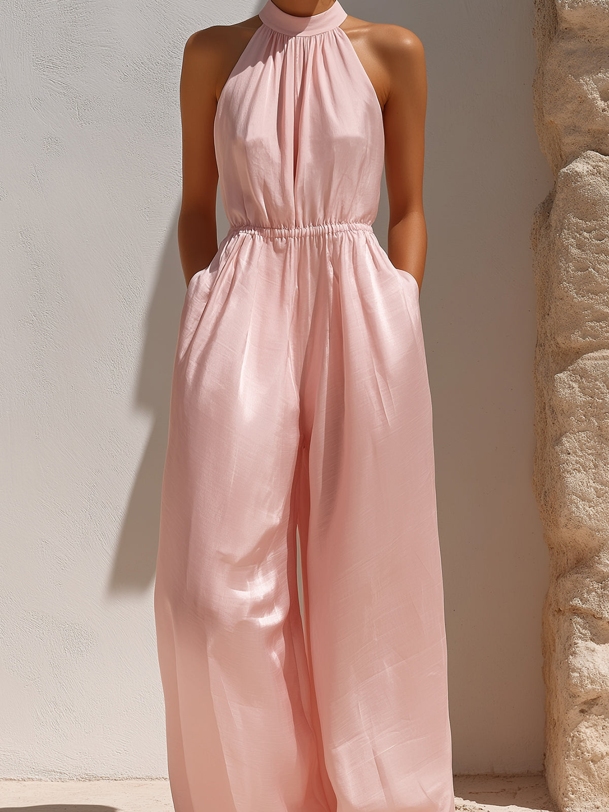 Chic Elegant Pink Chiffon Halter-Neck Sleeveless Elastic-Waist Loose-Fit Wide-Leg Jumpsuit