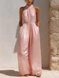 Chic Elegant Pink Chiffon Halter-Neck Sleeveless Elastic-Waist Loose-Fit Wide-Leg Jumpsuit