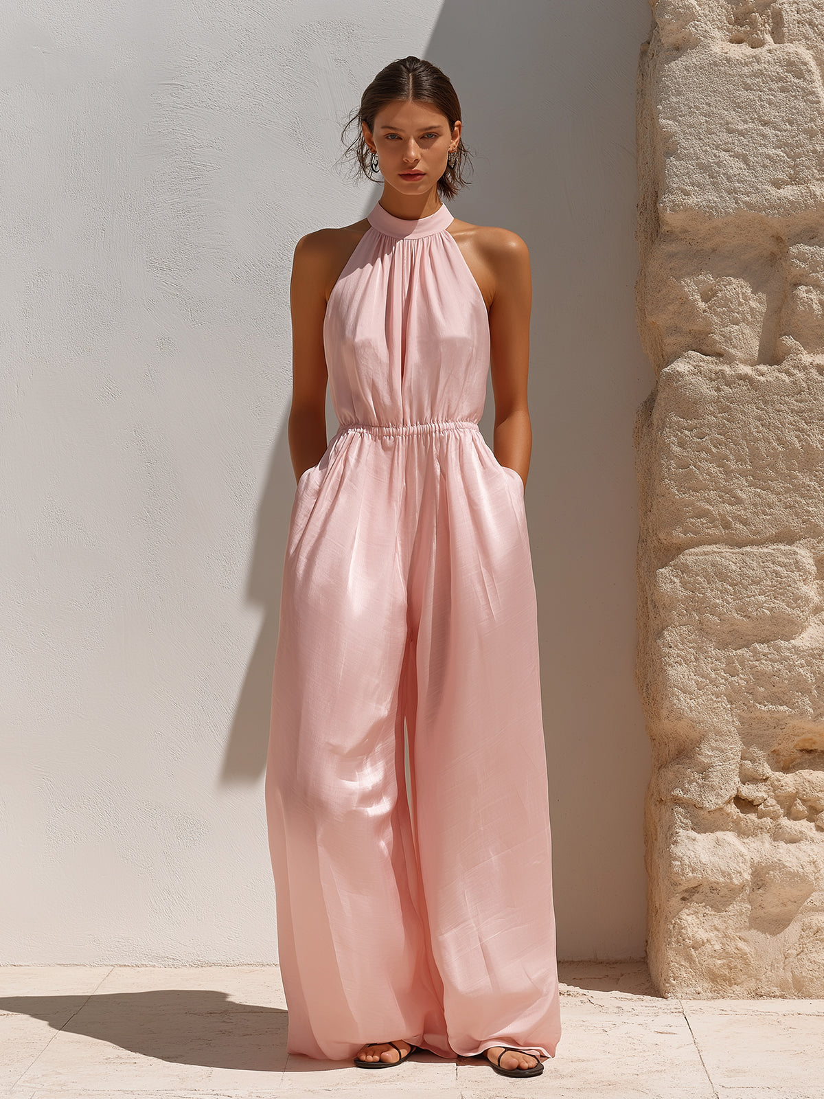 Chic Elegant Pink Chiffon Halter-Neck Sleeveless Elastic-Waist Loose-Fit Wide-Leg Jumpsuit