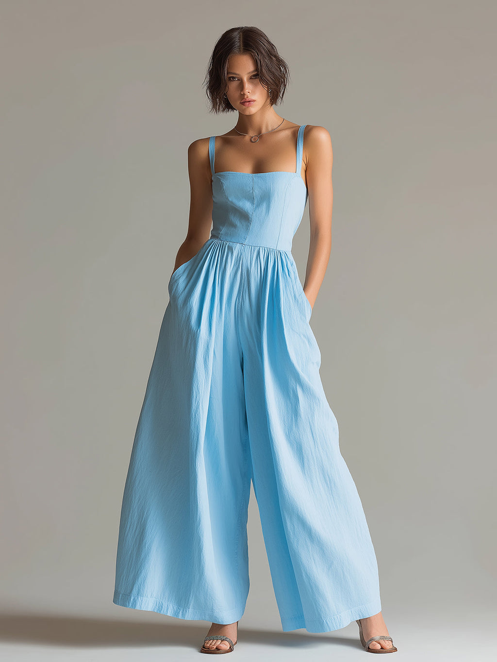 Chic Casual Blue Cotton-Linen Blend Strappy Square-Neck Sleeveless Tailored-Waist Pleats Detail Wide-Leg Jumpsuit