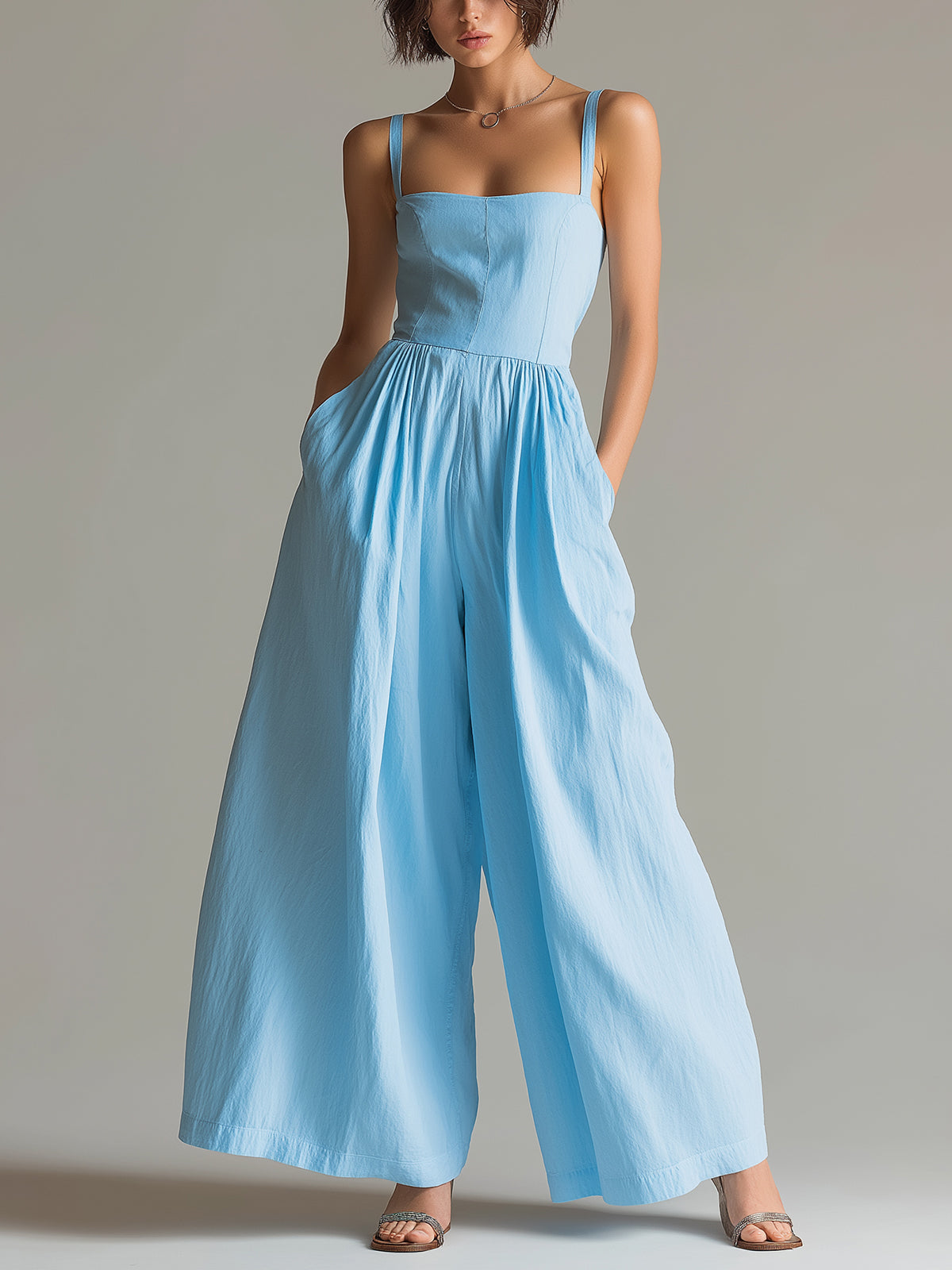 Chic Casual Blue Cotton-Linen Blend Strappy Square-Neck Sleeveless Tailored-Waist Pleats Detail Wide-Leg Jumpsuit