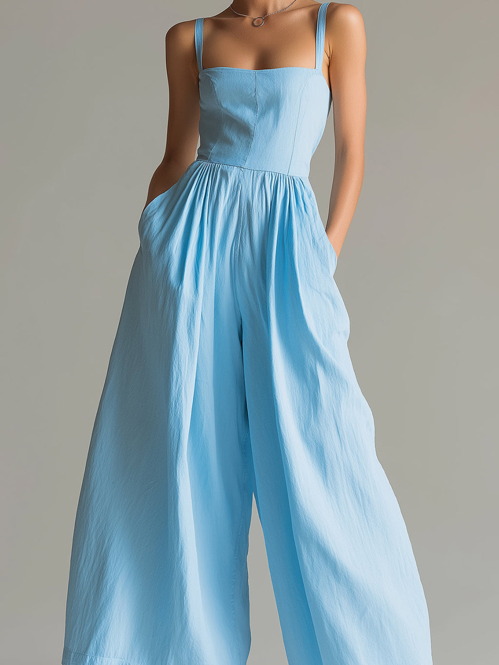 Chic Casual Blue Cotton-Linen Blend Strappy Square-Neck Sleeveless Tailored-Waist Pleats Detail Wide-Leg Jumpsuit