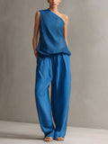 Chic Elegant Royal Blue One-Shoulder Sleeveless Loose-Fit Knit Vest Linen Breathable Straight Pants Two-Piece Set