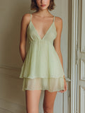 Chic Elegant Green Stripes Chiffon Strappy V-Neck Sleeveless A-Line Mini Dress