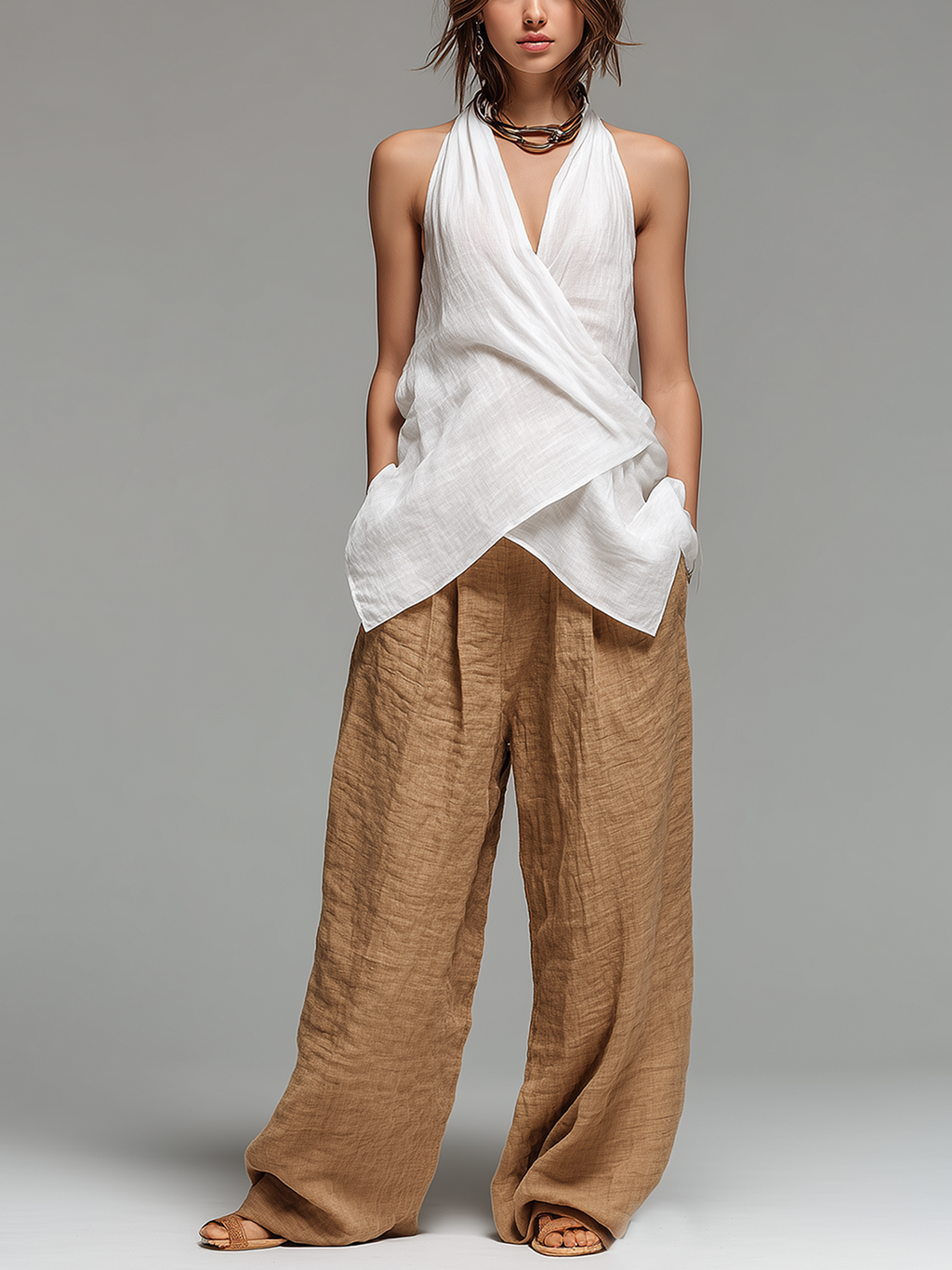 Chic Elegant White Halter V-Neck Cross-Front Wrap Sleeveless Loose-Fit Vest Camel Linen Blend Wide-Leg Pants Two-Piece Set