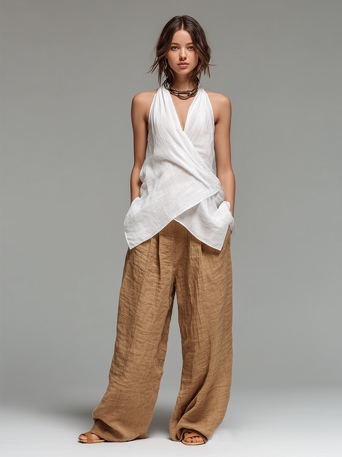 Chic Elegant White Halter V-Neck Cross-Front Wrap Sleeveless Loose-Fit Vest Camel Linen Blend Wide-Leg Pants Two-Piece Set