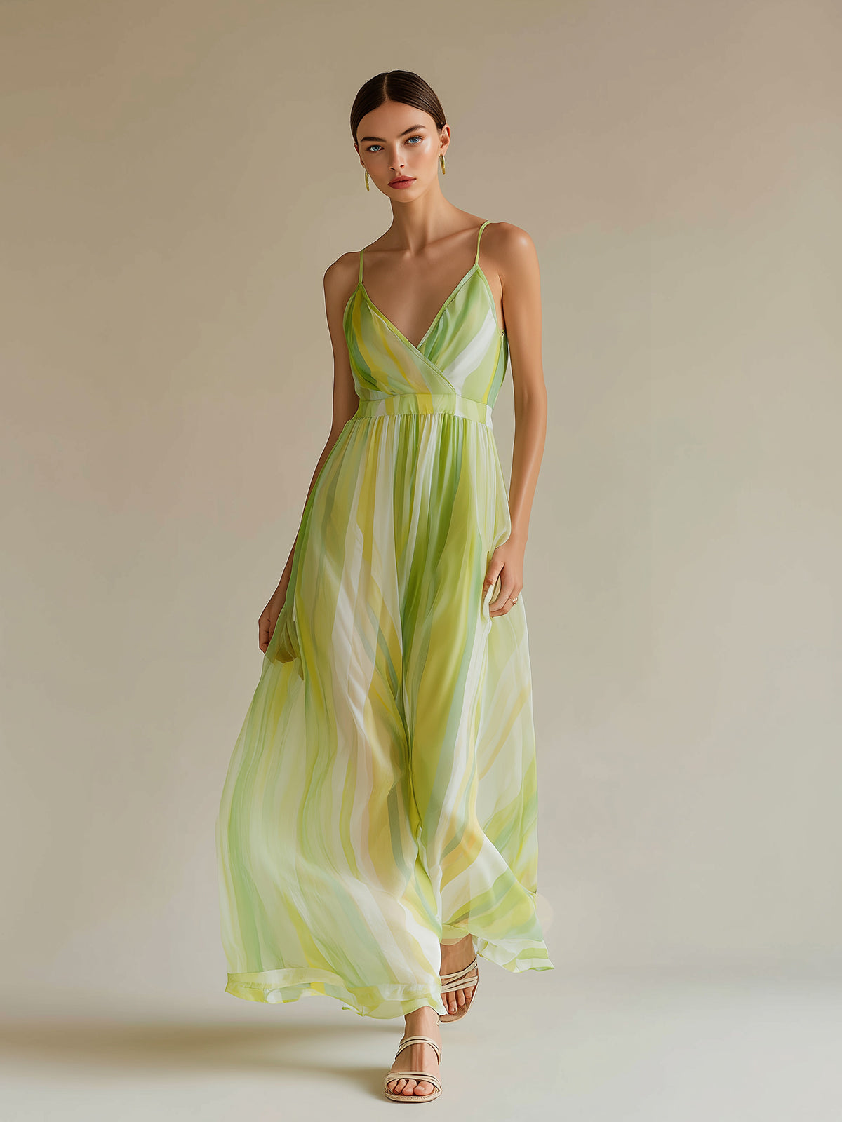 Chic Elegant Green Colorblock Chiffon Strappy V-Neck Sleeveless Elastic-Waist A-Line Maxi Dress