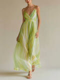 Chic Elegant Green Colorblock Chiffon Strappy V-Neck Sleeveless Elastic-Waist A-Line Maxi Dress