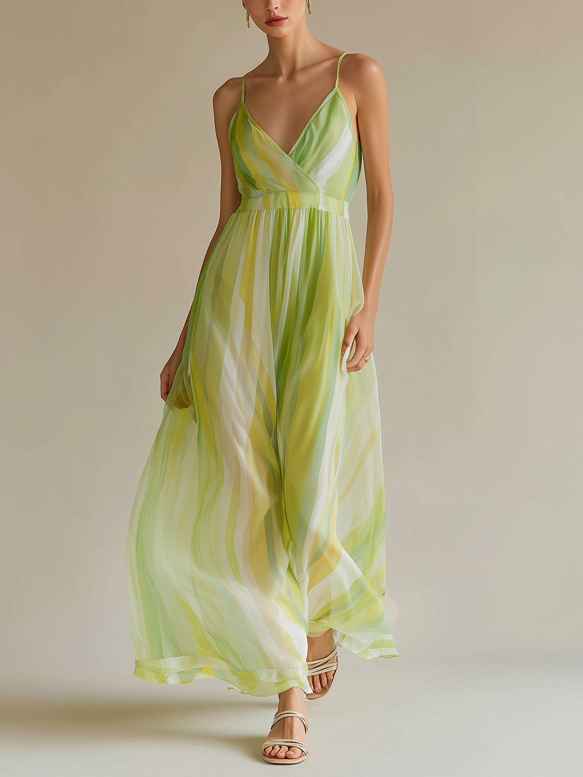Chic Elegant Green Colorblock Chiffon Strappy V-Neck Sleeveless Elastic-Waist A-Line Maxi Dress